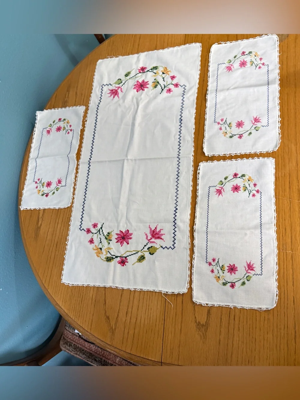 Vintage Floral Cross Stitch Dresser Scarf Vanity Mat Lot